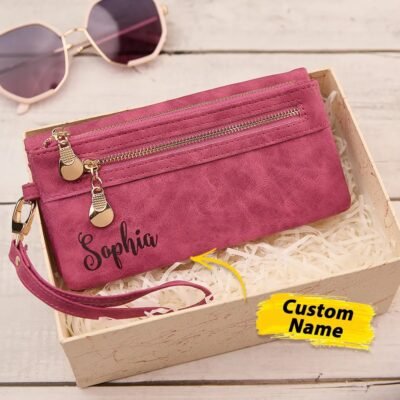 Personalized Leather Wallet with Wristlet Custom Text Wallet