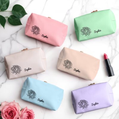 Custom Name Birth Flower Makeup Bag