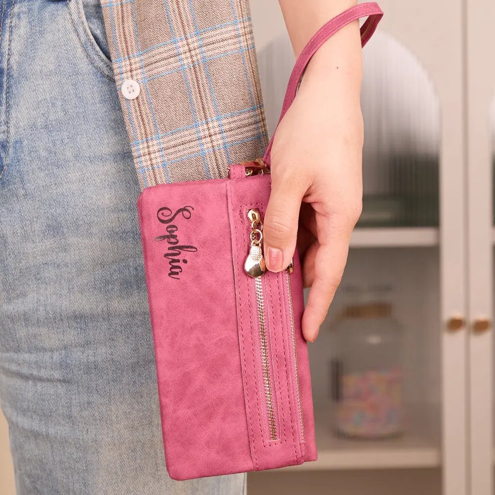 Personalized Leather Wallet with Wristlet Custom Text Wallet