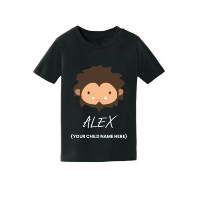 A black kids' t-shirt featuring a cute cartoon Sasquatch face and customizable text for a child's name.