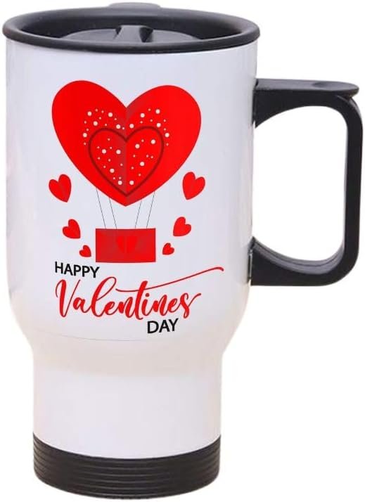 Valentine's Day travel mug with red heart balloon and gift design