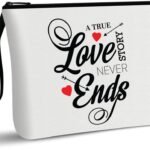 "A True Love Story Never Ends" cosmetic pouch with elegant heart and arrow design, perfect for romantic gifts or everyday storage.