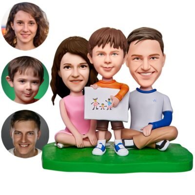 Family of Three Sitting Custom Bobblehead