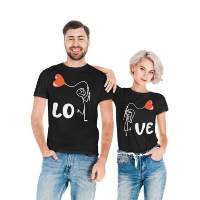 Matching black couple t-shirts with cute stick figure 'LOVE' balloon design, ideal for romantic gifts or celebrations