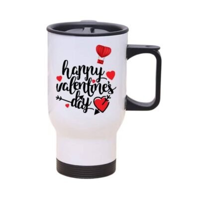 Happy Valentine's Day travel mug with cute heart and balloon design, perfect for coffee lovers and gifting