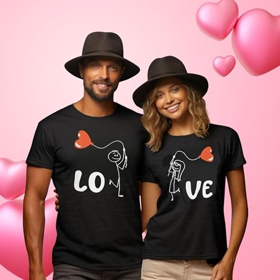 Matching Couple T-Shirts - Black 'LO' and 'VE' Stick Figure with Heart Balloon Design for Romantic Partners