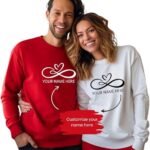 Custom Couple Sweatshirts with Infinity Heart Design and Personalized Name Option, Available in Red and White