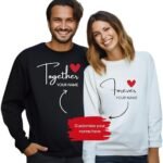 Matching Couple Sweatshirts with 'Together Forever' Design and Custom Name Personalization, Available in Black and White