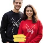 Custom Couple Sweatshirts with Handholding Design and Personalized Names, Available in Black and Red