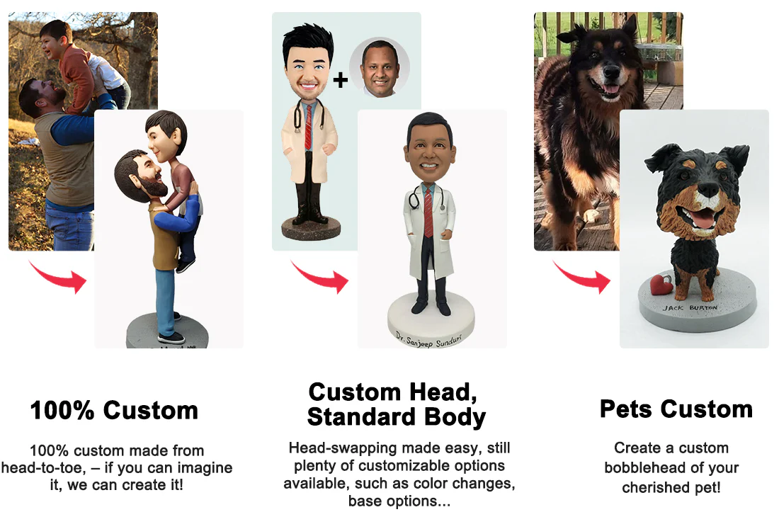 7 7 Collage showing bobblehead customization: head swaps onto standard bodies and pet bobblehead examples.