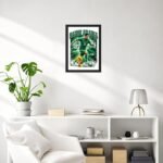 Framed poster of a soccer player in a green Saudi Arabia kit on a white wall above a shelf in a bright living room.