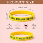 Yellow silicone bracelet with Brazil motif, outer circumference 2.56in (6.5cm); shows Waterproof, Colorfast, Soft, Safe icons.