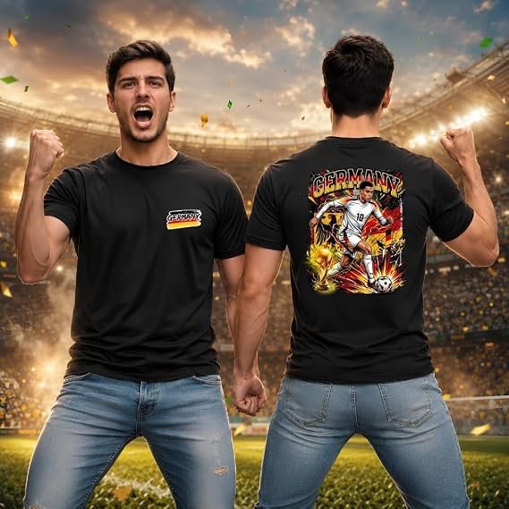 Two men in black Germany-themed t-shirts cheer in a stadium, one facing forward with a clenched fist and the other showing the back with a colorful graphic design on the shirt.