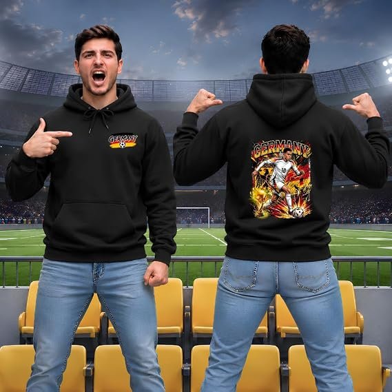 Two men wearing black hoodies with Germany graphics in a soccer stadium; one faces the camera pointing at his chest, the other shows the back with a fiery suit-and-soccer graphic.