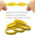 Yellow silicone stretch bracelets with Brazil flag branding and a list of features: quality material, durable, soft and comfortable to wear.