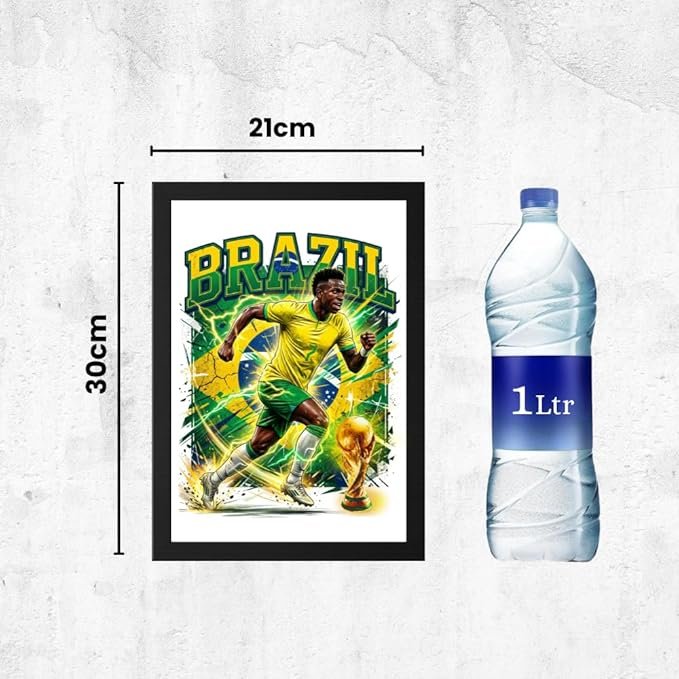 Framed Brazil football poster (21 cm by 30 cm) shown beside a 1-liter water bottle for scale.
