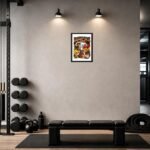 Gym corner with black weight rack, kettlebells, and a padded bench in front of a beige wall; framed poster between two ceiling lights.