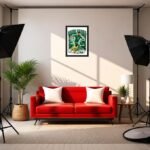 Studio living room setup: red sofa with white pillows, two softbox lights, potted plants, and a framed poster on a beige wall.
