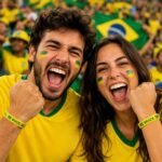 Two Brazilian fans in yellow jerseys cheer with fists raised as the crowd waves flags in the background.
