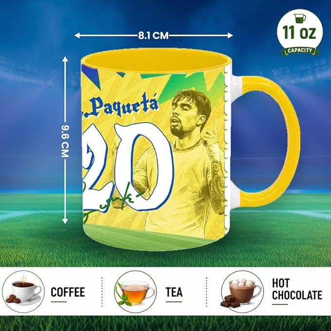 Yellow promotional mug featuring Paquetá design, 8.1 cm wide by 9.6 cm tall, 11 oz capacity, shown on a field with coffee/tea/hot chocolate icons below.