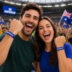 Two excited fans at a stadium cheering with fists raised, wearing Australia wristbands.