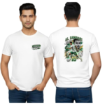 Front-and-back view of a white T-shirt: small Saudi Arabia logo on the chest; back features a colorful 'AL DAWSARI' soccer graphic with a player and the number 10.