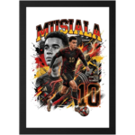 Framed poster of a footballer in black-red kit with number 10, dribbling a ball, 'MUSIALA' in bold at top and a fiery, colorful background.