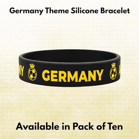 Black silicone bracelet with yellow 'GERMANY' lettering and soccer ball icons on a Germany theme; sold in a pack of ten.
