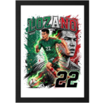 Framed poster of a soccer player in green kit, number 22, with 'LOZANO' text and green-red energy behind him.