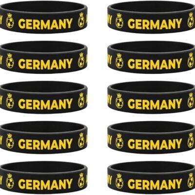 Eight black silicone wristbands with yellow 'GERMANY' text and soccer ball emblem, arranged in two columns (2x4 grid).