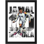 Framed illustrated poster of a soccer player in a white kit with the ball at his feet, overlaid by bold grayscale typography in the background.