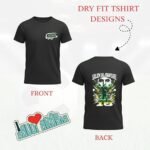 Black dry-fit T-shirt shown from front and back; front features a small left-chest green logo, back displays a large graphic of Salem Al-Dawsari in a green kit with dynamic flames and the text 'SALEM AL-DAWSARI' above, plus a decorative 'I Love Saudi Arabia' sticker at the bottom-left.