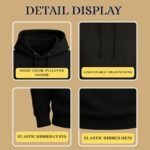 Detail display showing four hoodie features: solid color pullover hoodie, adjustable drawstring, elastic ribbed cuffs, elastic ribbed hem