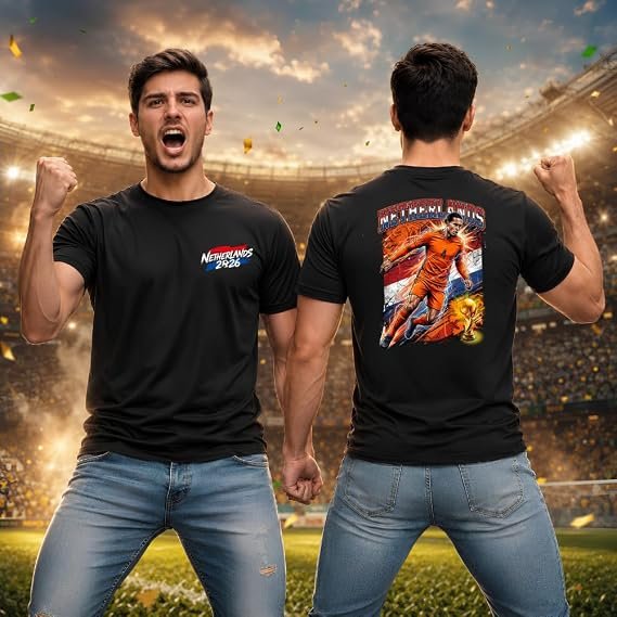 Two men in black T-shirts celebrate in a stadium, fists raised; one faces front, the other shows a graphic on his back.