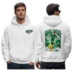 White hoodie with a small Saudi Arabia logo on the chest and a large green Saudi Arabia soccer graphic on the back, featuring a player in action a