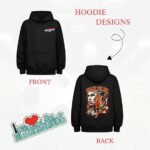 Black hoodie front with a small chest logo; back shows a fiery 'VAN DIJK 4' graphic; bottom-left Netherlands sticker with heart.