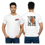 White men's t-shirt shown from front and back. Front shows a small Netherlands 2026 graphic on the left chest; back has a large grayscale block graphic with an orange soccer player and 'WORLD CUP' text.