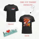 Black dry-fit T-shirt with a small front logo and a large, colorful back graphic shown on a white background (two-view product image).