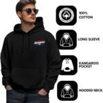 Man wearing a black hoodie with Netherlands branding, hands in pocket, sunglasses on. Right side shows hoodie features: 100% cotton, long sleeve, kangaroo pocket, hooded neck.