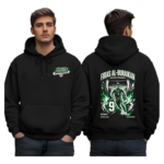 Models wearing black hoodies; front left chest shows a small 'Saudi Arabia' logo, back features a large green-and-white graphic with 'Firas Al-Buraikan' and a soccer player image amid flames.
