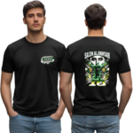 Black t-shirt model with a small Saudi Arabia crest on the front and a bold 'Salem Al-Dawsari' graphic on the back showing a soccer-inspired design.