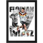Framed poster featuring a soccer player in a white jersey with number 17, running with a ball; bold grayscale typography in the background.