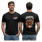 Two men wearing black T-shirts; front has a Netherlands 2026 logo, back shows a fiery basketball graphic with 'GAKPO' and the number 8