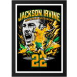 Framed poster of a soccer player in a yellow Socceroos kit (#22) amid fiery flames and bold graphics.