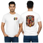 White t-shirt showing a small 'Belgium 2026' logo on the front, and a large 'LUKAKU' graphic with a soccer player and fiery design on the back, number 9.