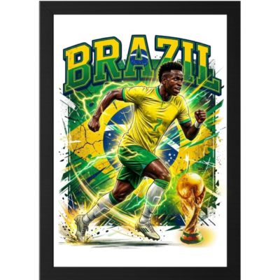 Framed poster of a Brazilian soccer player in a yellow kit sprinting toward a golden World Cup trophy, with Brazil’s flag colors in the background.